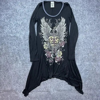 Vocal Dress Womens Small Black Rhinestone Goth Punk Rock Cross Wings Tattoo • $34.49