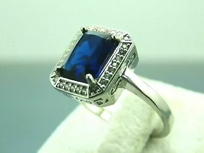 2.90Ct Emerald Cut Lab Created Blue Sapphire Engagement 14K White Gold Finish • $127.49