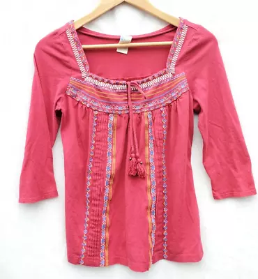 C.KEER Red Hippie Boho EMBROIDERED BLOUSE Top Shirt SMALL Tassle • $13.99