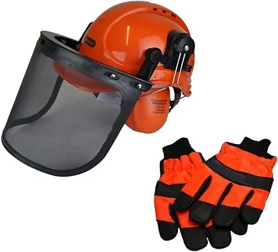 Chainsaw Helmet Metal Mesh Visor Ear Defenders & LARGE Size 10 Gloves • £26.55