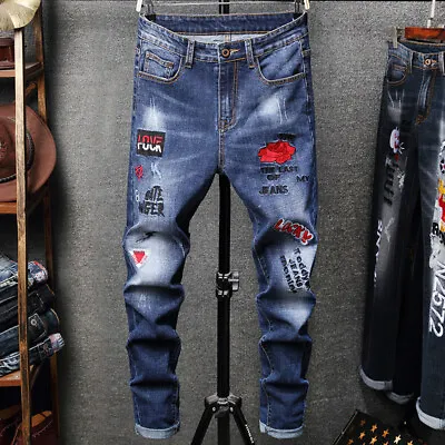 Mens Rose Embroidered Straight Slim Leisure Denim Trousers Stretch Jeans Pants • $39.59