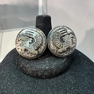 Vintage Signed Coro Silver Aztec Mayan Clip Earrings Rare • $16.95