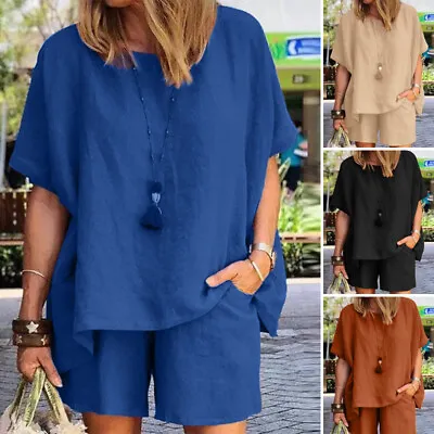 £16.65 • Buy Womens Cotton Linen Casual Outfit Suit Tops T Shirt Shorts Summer Tracksuit Set