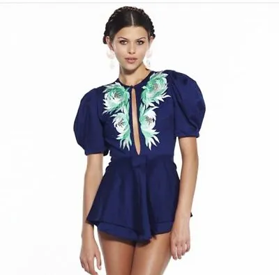 ALICE MCCALL  Ammolite  Sapphire Blue Embroidery Womens Playsuit Jumpsuit 8 • $125