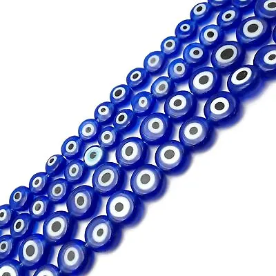 $7.49 • Buy Blue Evil Eye Glass Coin Discs Beads Size 6mm 8mm 10mm 15.5  Strand