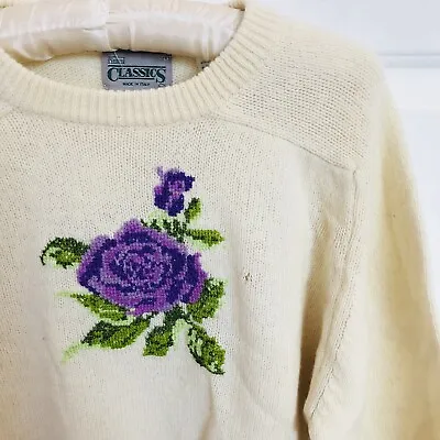 VINTAGE 1970’s Sears Cream Wool Blend Purple Floral / Flower Sweater Size Medium • $35