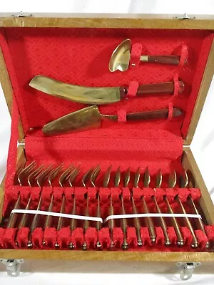 Vintage - 19 Piece - Bronze And Teak Wood - Dessert Flatware & Serving Set • $19.95