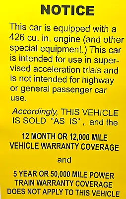 426 Engine Warranty Coverage Poster  11 X 17 Inches • $17.99