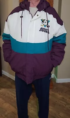 Vintage XL NHL Anaheim Mighty Ducks Apex One Puffy W/Hood Coat Jacket CLEAN RARE • $59.99