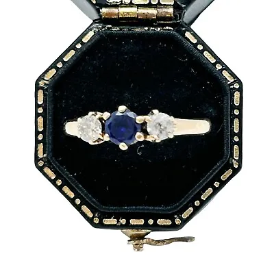 Classic Antique Real Diamond & Sapphire 3 Stone Ring 14k Yellow Gold Size 8.5 • $450