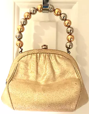 Vintage MORRIS MOSKOWITZ Gold Lamé Mini Evening Bag Silver Baubles Handbag Purse • $44.99