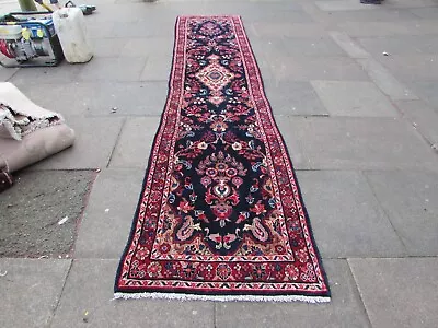 Vintage Traditional Hand Made Oriental Blue Wool Long Narrow Runner 404x86cm • £375