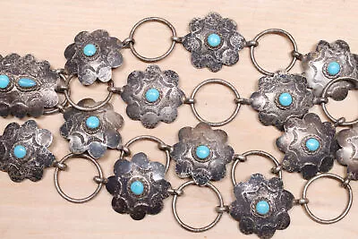Petit Sterling Silver And Turquoise Concho Belt With Sweet Vintage Style X239D • $299.99