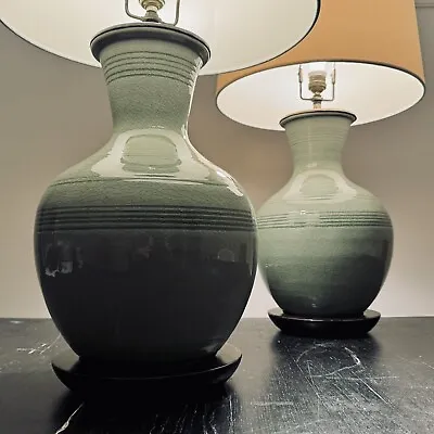 Pair Signed Thai Celadon Jade Green Mid Century Crackle Glaze Pottery Lamps • $395