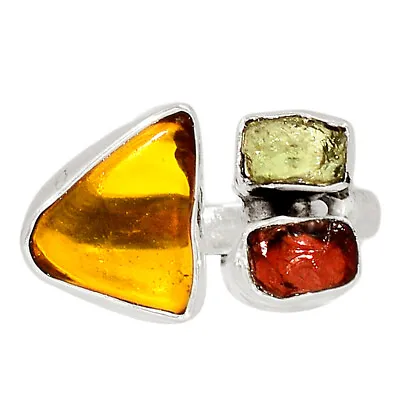 Natural Baltic Amber Moldavite & Garnet 925 Silver Ring RHS5 S.8 CR30675 • $29.99