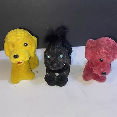 Lot Of 3 Vintage Flocked Dog Nodder Bobbleheads Yellow Black Burgundy Hong Kong • $16