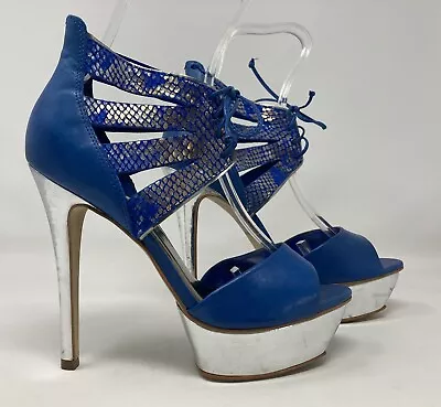 Faith Size 6 (39) Blue Leather & Silver High Heel Platform Strappy Sandals • £18.99