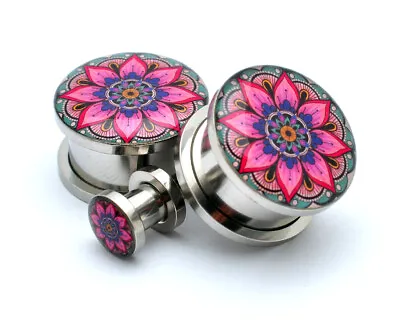 Pair Of Screw On Flower Mandala Style 1 Picture Plugs Gauges 16g Thru 1 Inch • $11.99