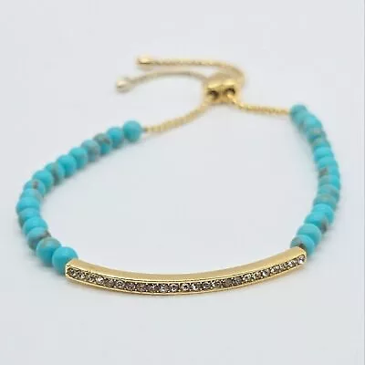 Vera Bradley VB CZ Rhinestone & Turquoise Heart Bolo Adjustable Bracelet In Gold • $17.90