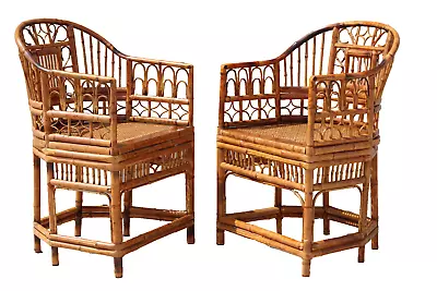 Two Vtg Brighton Bamboo Chinoiserie Burnt Rattan Cane Seat Split Reed Armchairs • $2995