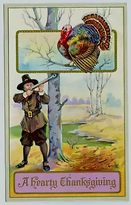 Thanksgiving Turkey Hunter Musket Rifle Postcard Stecher 256C • $3