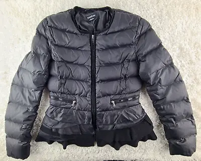 BEBE Black Down Puffer Coat With Peplum Hem SIZE S A-line Wool Ruffle Hem (E) • $41.90