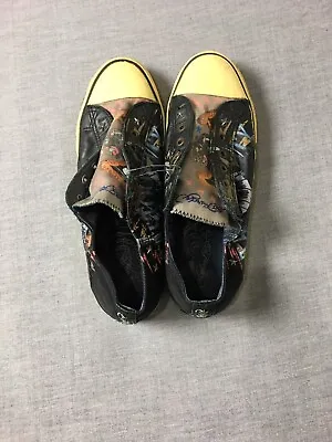 Don ED HARDY Designs Size 11 Men's Slip-on Shoes Black Panther Tattoo City Black • $35.69