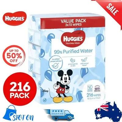 $19.88 • Buy Huggies Thick Baby Wipes 99% Purified Water 3 X 72pk (216 Pack) | FREE SHIPPING