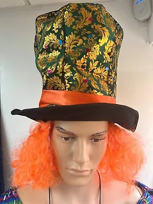 Smiffys Mad Hatter Emerald Green & Gold Top Hat With Attached Hair 45216 • £10.49