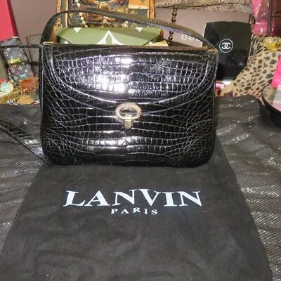 VINTAGE LANVIN Calfskin Croc Embossed Handbag Built In Wallet Kiss Lock • $350