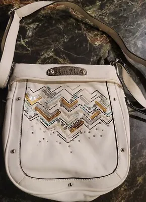 Miss Me Purse Messenger Bag White Chevron Sequins Rhinestones Studs Adj. Strap~~ • $20