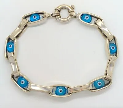 14K White Gold Aqua Blue Evil Eye Chain Link Bracelet 7.5 Inches Vintage Estate • $495