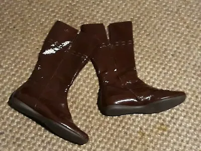 LACOSTE TEAGAN Brown Maroon Patent Leather Zip Moto Sport Boots 8 Rubber Sole • $49