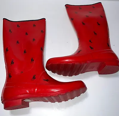 Polo Ralph Lauren Perla RL Logo Rubber Wellies Rain Boots Red Navy Blue Size 10B • £66.49