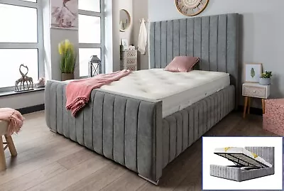 Ottoman Storage Bed Frame Gas Lift Velvet Panel Upholstered Double King Size • £259.99