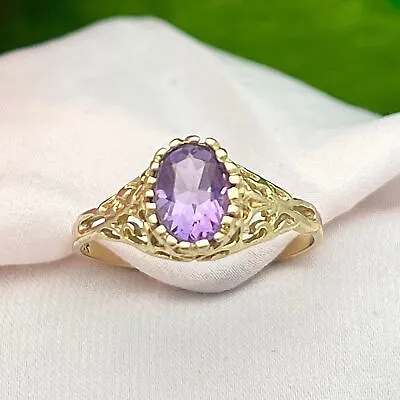 10K Yellow Gold Oval Amethyst Filigree Princess Style Ring-Edge Detail-Vintage • $199