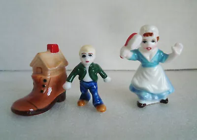 Bone China Japan Miniature Figurines Nursery Rhyme Old Woman Shoe Boy Set  • $24