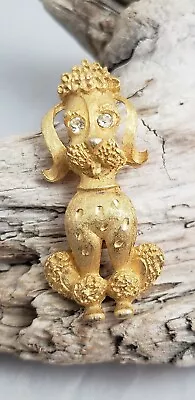 Vintage Crystal Rhinestone Poodle Textured Pin Brooch In Gold Tone • $10