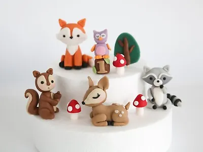 Woodland Animal Cake Topper Fondant With Mushroom And Tree Cute Animals Edible • £12.99