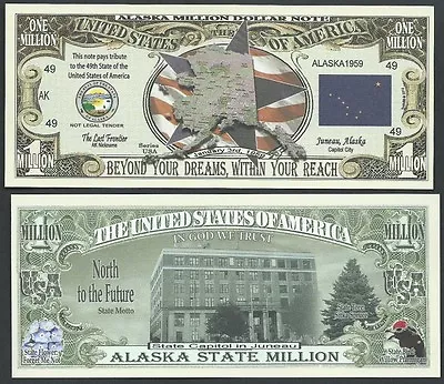 ALASKA STATE MILLION DOLLAR BILL W MAP SEAL FLAG CAPITOL - Lot Of 2 Bills • $2.49