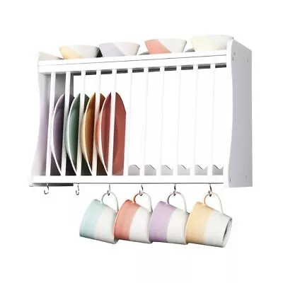 Minack Kitchen Plate Rack With Hooks White Wood Wall-mounted Or Freestanding • £74.99