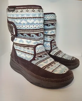 Skechers Tone Ups Winter Boots Blue & Brown Sweater Knit & Suede Size 6 RN 38716 • $19