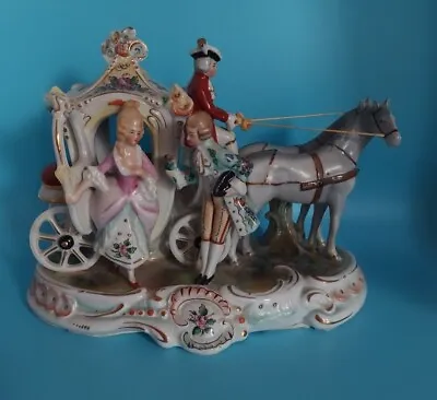 VINTAGE Horse Drawn Carriage Royal Family Figurine Porcelain 9  Gold Trim  • $149.99