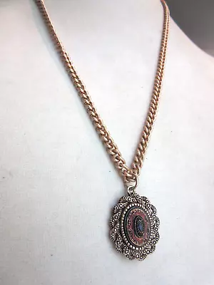 Vintage Sarah Coventry Filigree Acrylic Oval Shaped Pendant W/ Chain Necklace • $11