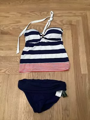 RALPH LAUREN 2 PC Navy Blue Striped Bikini SWIMSUIT Bathing Suit Womens Size 14 • £25.17