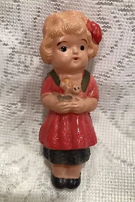 Vintage Celluloid Girl Doll Holding Pet Molded Hot Pink Rattle Tiny 3.5” Tall • $25