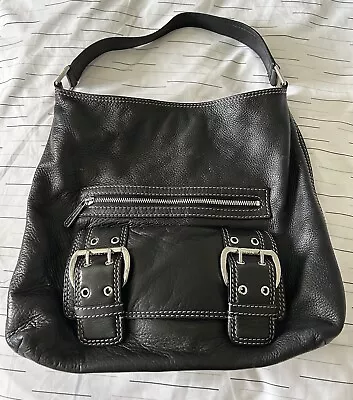 Michael Kors Black Pebbled Leather Shoulder Bag Silver Buckle Front Flap Pocket • $34.99