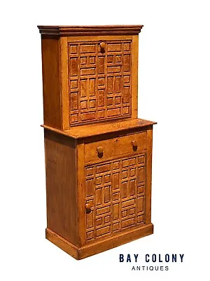 Antique Arts & Crafts Oak Liquor Cabinet With Geometric Panel Doors - Rare Size • $1875