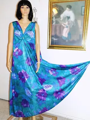 LUCIE ANN VTG Polyester KEYHOLE Grecian Three Bow Nightgown TEAL FLORAL L Large • $134.99