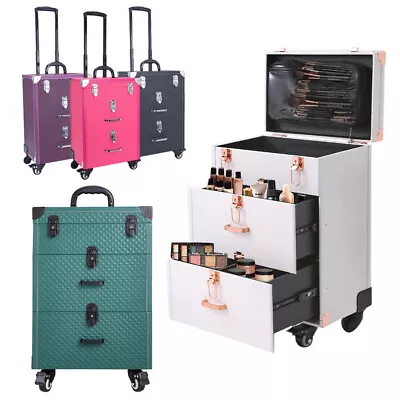 Professional Cosmetic Case On Wheels PU Leather Makeup Beauty Train Case Trolley • £14.95